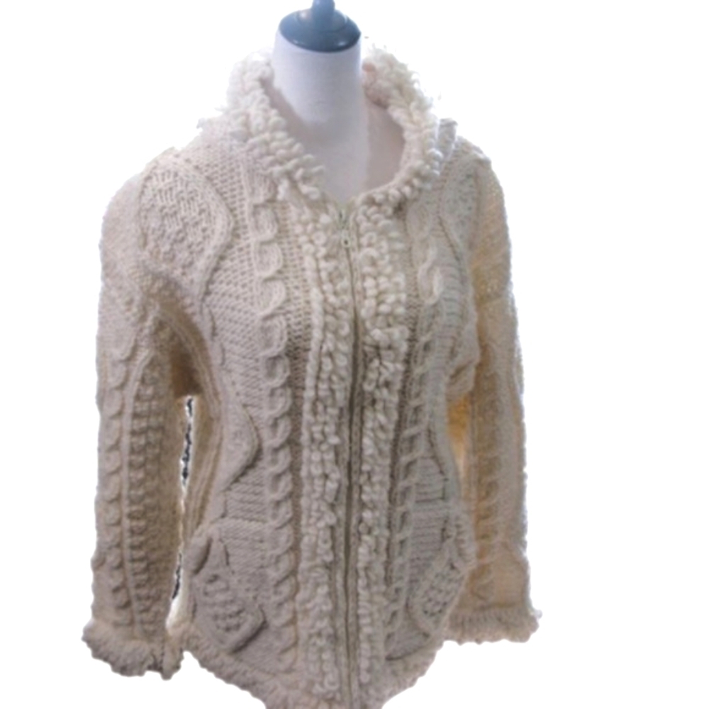 Cream Wool Zip Front Hooded Cardigan Sweater Size Large